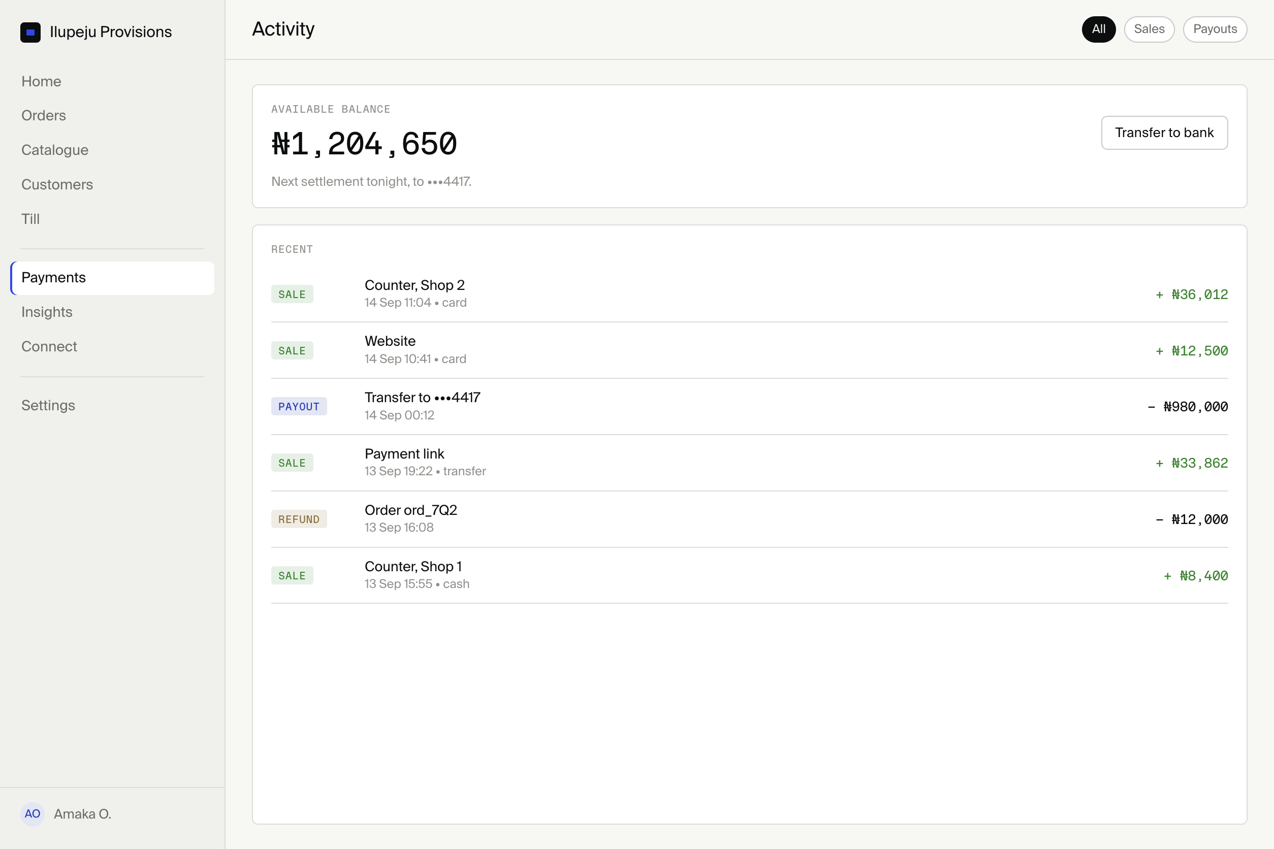 Account activity inside Merchant Console